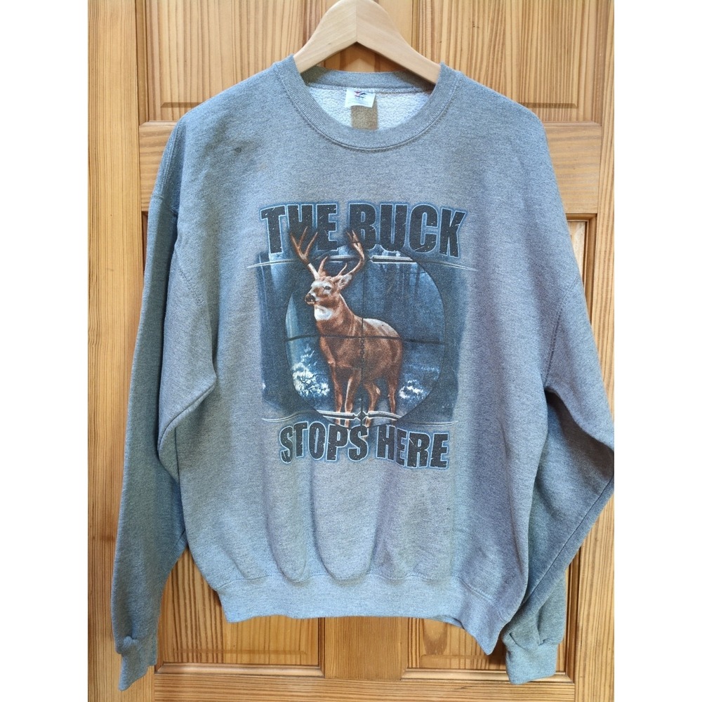 Vtg 90s Mens L The Buck Stops Here Deer Hunting Gray Sweatshirt Scope Jerzees